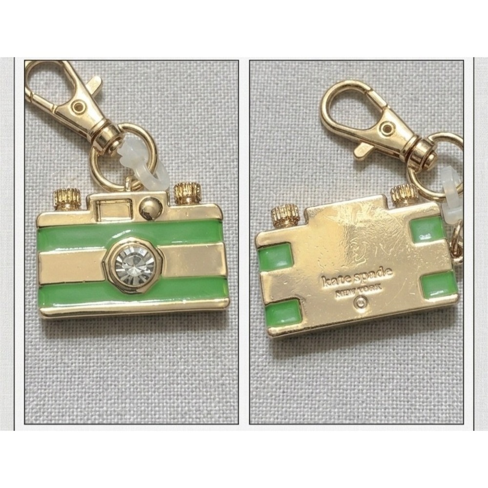Kate Spade New York Camera Bag Charm Keychain Green Enamel Gold Crystal Lens